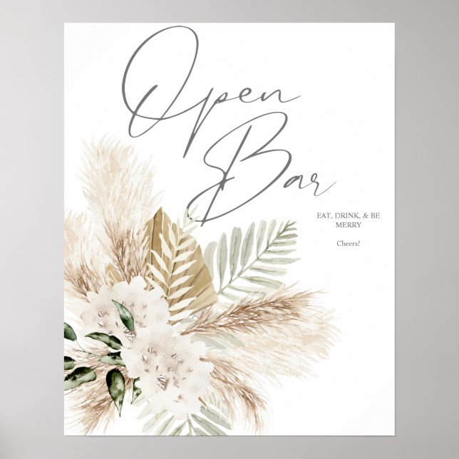 Boho Palm Pampas & Beige Floral Open Bar Sign 2 (Front)