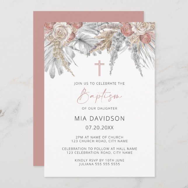 Boho Palm Pink Pampas Grass Floral Baptism Invitation (Front/Back)