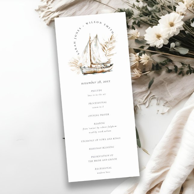 Boho Palm Sailboat Seascape Wedding Program Invitation (Creator Uploaded)