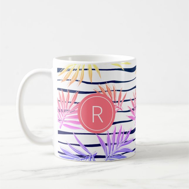 Boho Palm Stripe Pattern Monogram Coffee Mug (Left)