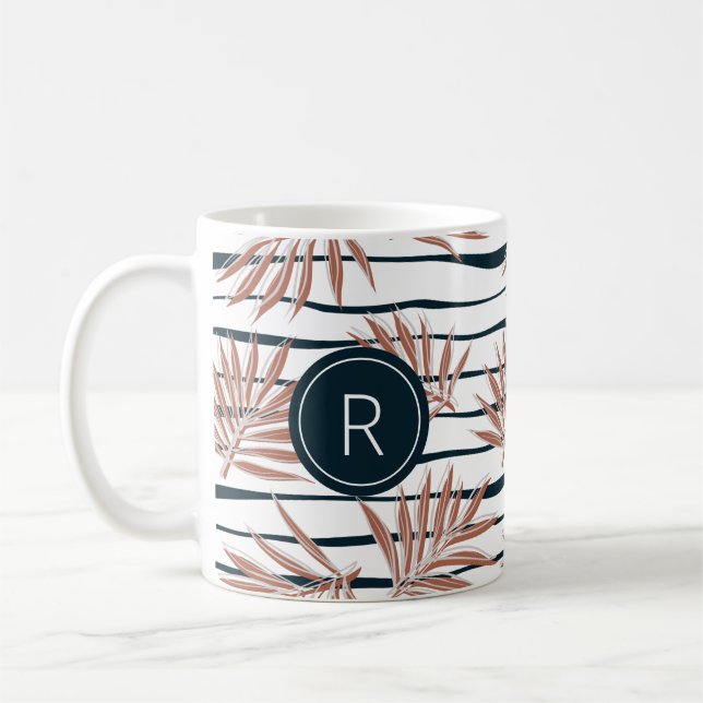 Boho Palm Stripe Pattern Monogram Coffee Mug (Left)