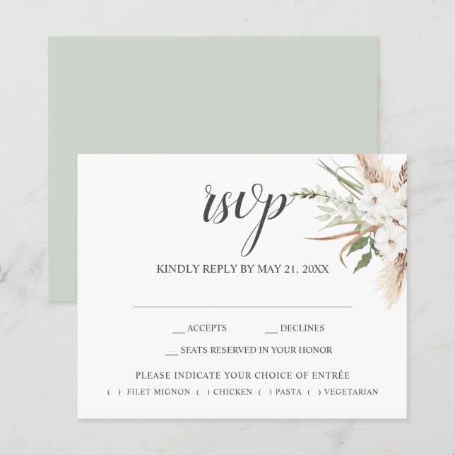 Boho Pampa Grass Leaves Wedding RSVP (Front/Back)