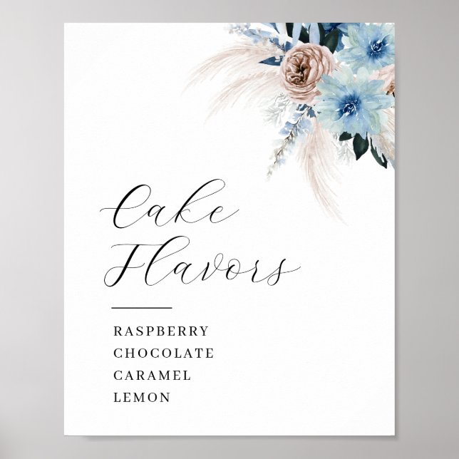 Boho pampas and blue floral Cake flavours sign (Front)