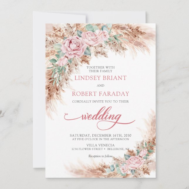 Boho pampas and blush pink roses eucalyptus invitation (Front)