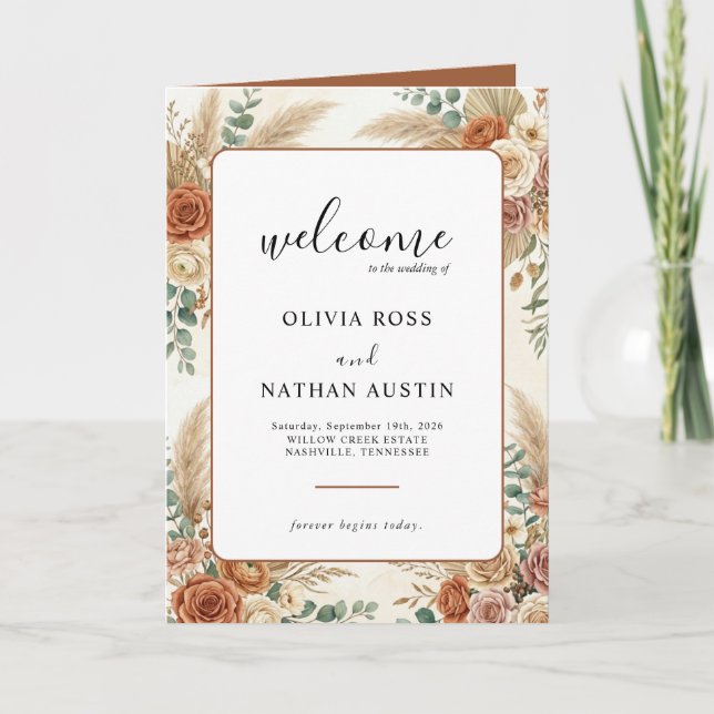 Boho Pampas and Floral Folded Wedding Program Programme (Front)