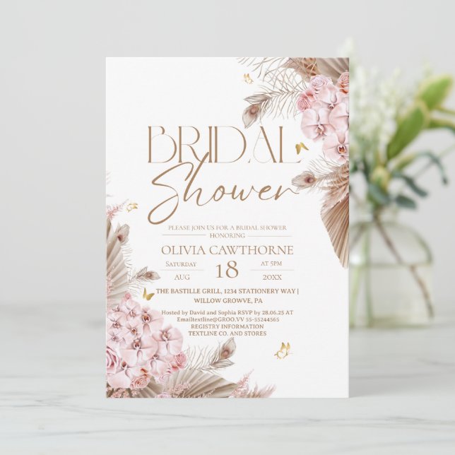 Boho Pampas and Orchids Bridal Shower Invitation (Standing Front)