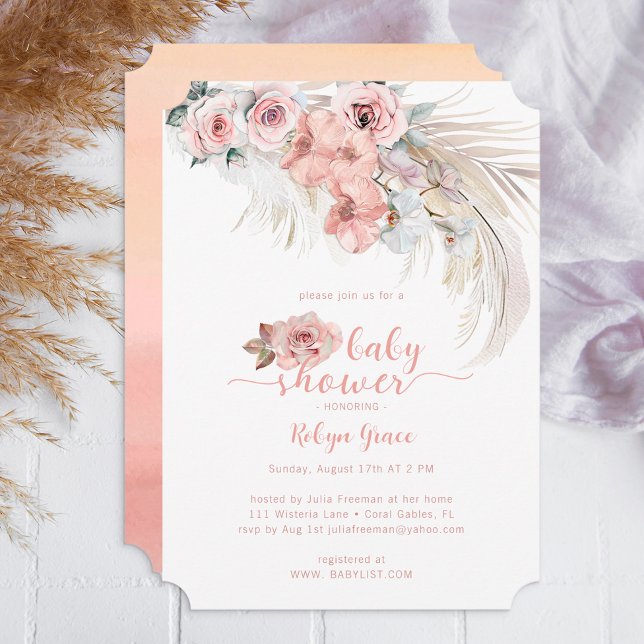 Boho Pampas Baby Shower Invite Blush Floral (Boho Floral Baby Shower Invite)