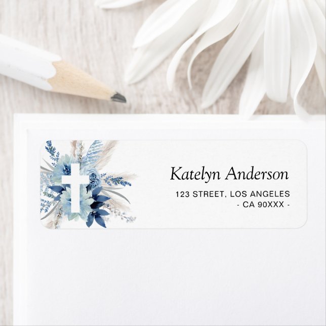 boho pampas blue floral baptism address label (Insitu)