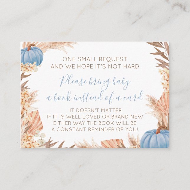 Boho Pampas Blue Pumpkin Book Receiving Card (Front)