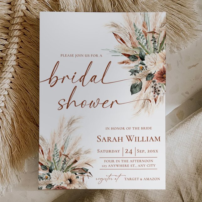 Boho Pampas Bridal Shower Invite Rust Greenery (Pampas Grass Bridal Shower Invite Rust Greenery | Fall Boho Invitation Neutral Earthy Tones 5×7)
