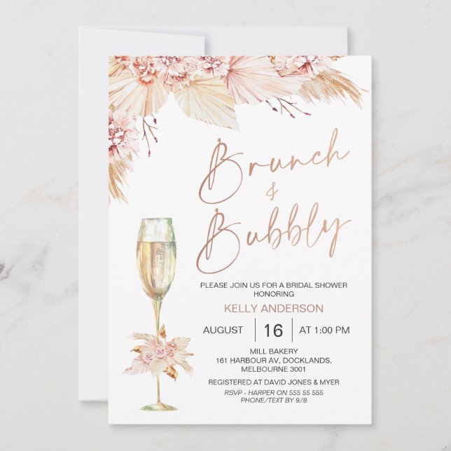 Boho Pampas Brunch Bubbly Bridal Shower Invitation (Front)