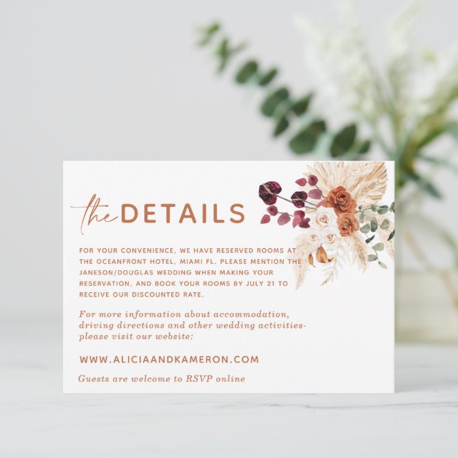 Boho Pampas Burnt Orange Wedding Details Card (Standing Front)