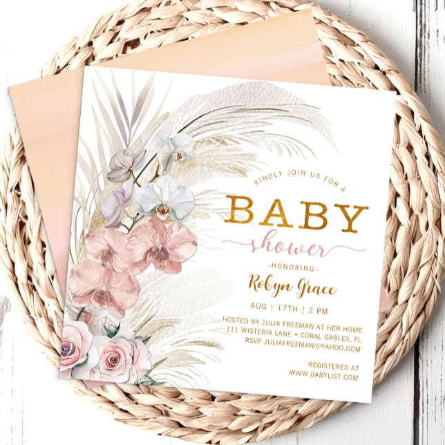 Boho Pampas Chic Baby Shower Invite for Girl (Pampas Grass & Floral Baby Shower)