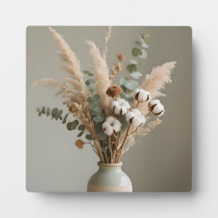 Boho Pampas Cotton Eucalyptus Neutral Floral Plaque