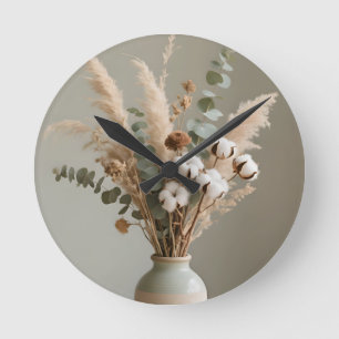 Boho Pampas Cotton Eucalyptus Neutral Floral Round Clock