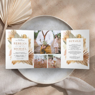 Boho Pampas Dried Palm Photo Collage Wedding Tri-Fold Invitation