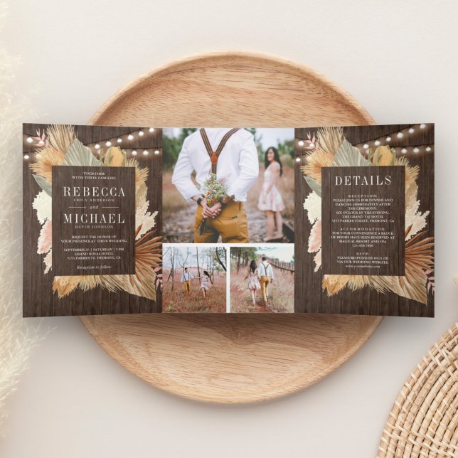 Boho Pampas Dried Palm Wood Photo Collage Wedding Tri-Fold Invitation (Creator Uploaded)