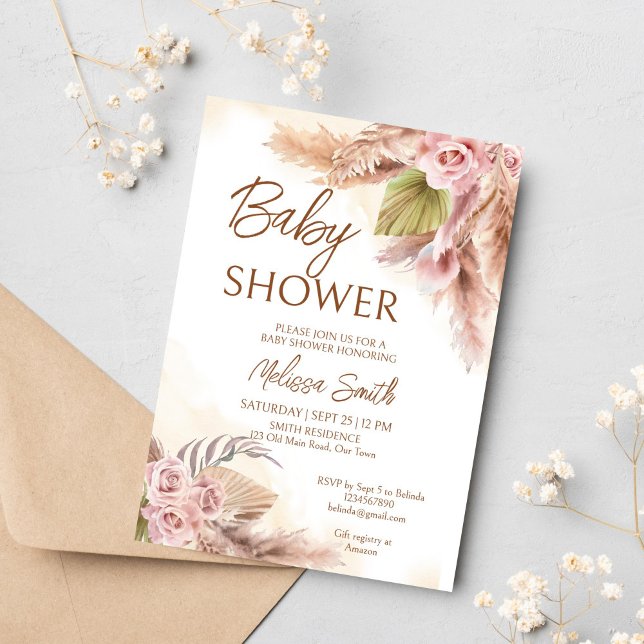 Boho pampas dry grass beige roses baby shower invitation (Boho pampas dry grass earthy pastel cream roses baby shower invitation template instant download)