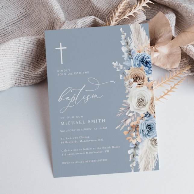 boho pampas dusty blue floral baptism invitation (Creator Uploaded)