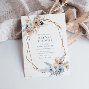 boho pampas dusty blue floral bridal shower invitation