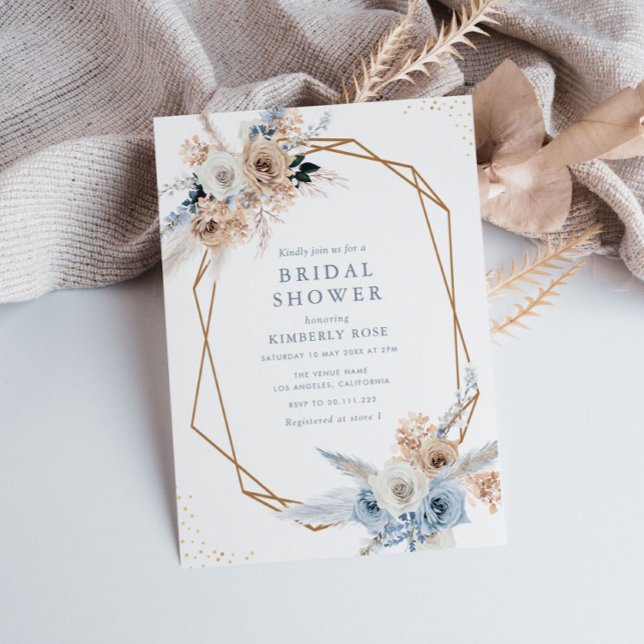 boho pampas dusty blue floral bridal shower invitation (Creator Uploaded)