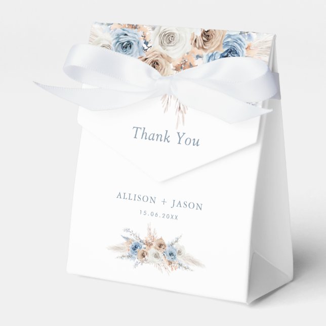 boho pampas dusty blue floral wedding favour box (Front Side)