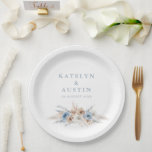 boho pampas dusty blue wedding paper plate<br><div class="desc">bohemian pampas grass and dusty blue flowers. Personalise the text details and colours.</div>