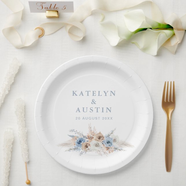 boho pampas dusty blue wedding paper plate (Wedding)