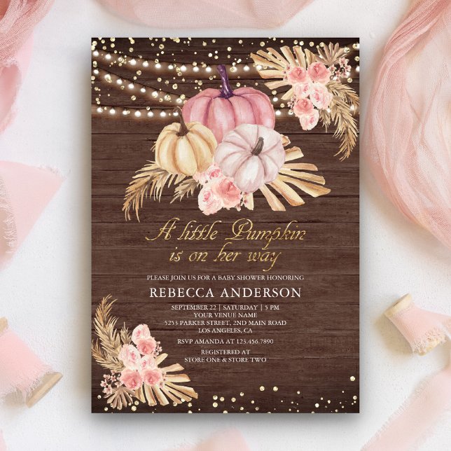 Boho Pampas Dusty Pink Pumpkin Wood Baby Shower Invitation (Creator Uploaded)