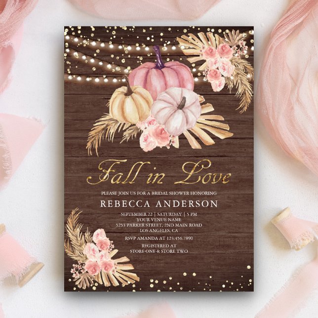 Boho Pampas Dusty Pink Pumpkin Wood Bridal Shower Invitation (Creator Uploaded)