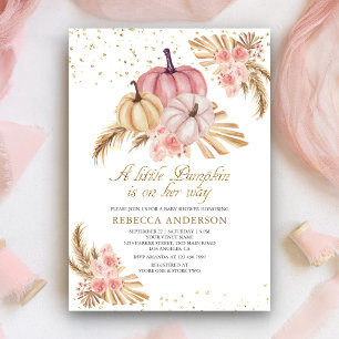 Boho Pampas Dusty Pink Roses Pumpkin Baby Shower Invitation