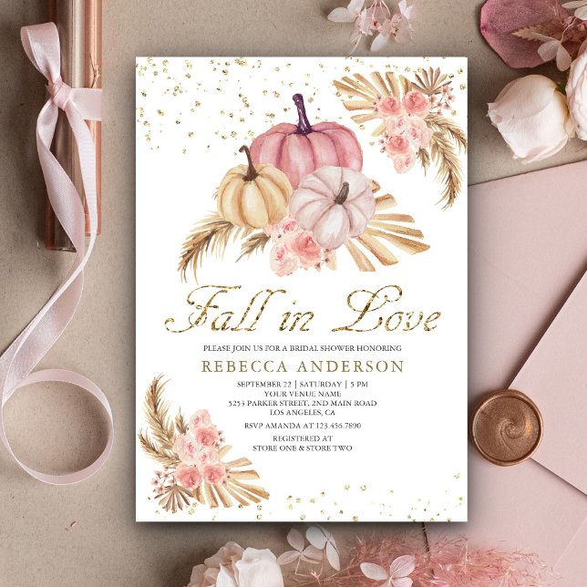Boho Pampas Dusty Pink Roses Pumpkin Bridal Shower Invitation (Creator Uploaded)