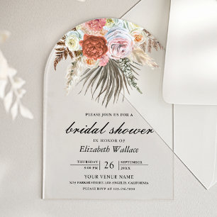 Boho Pampas Earthy Floral Terracotta Bridal Shower Acrylic Invitations
