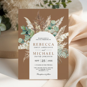 Boho Pampas Eucalyptus Arch Beige Tan Wedding Invitation