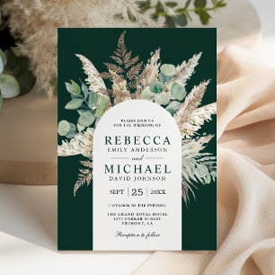 Boho Pampas Eucalyptus Arch Emerald Green Wedding Invitation