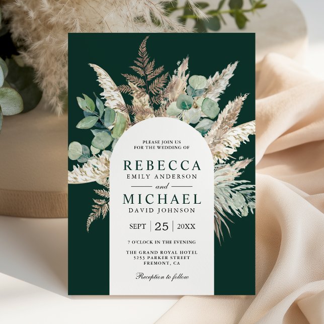 Boho Pampas Eucalyptus Arch Emerald Green Wedding Invitation (Creator Uploaded)