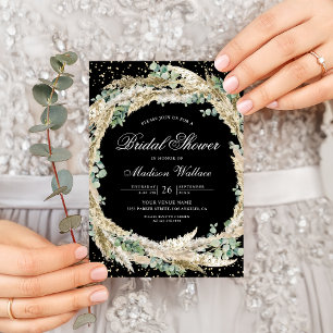Boho Pampas Eucalyptus Wreath Black Bridal Shower Invitation