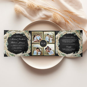 Boho Pampas Eucalyptus Wreath Black Wedding Tri-Fold Invitation