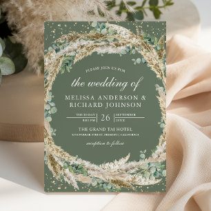 Boho Pampas Eucalyptus Wreath Sage Green Wedding Invitation