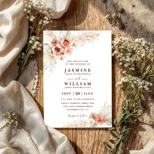 Boho Pampas Floral Elegant Chic QR Code Wedding Invitation