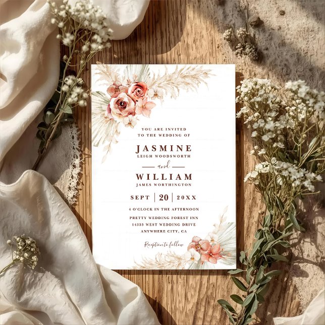 Boho Pampas Floral Elegant Chic QR Code Wedding Invitation (Creator Uploaded)