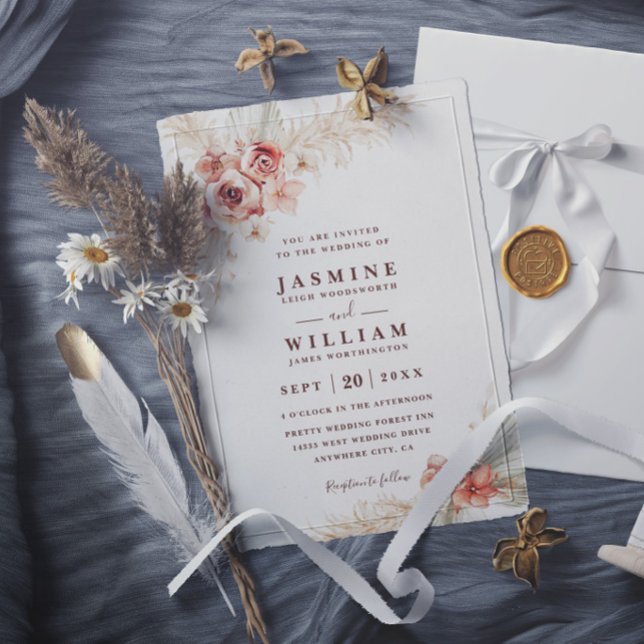 Boho Pampas Floral Elegant Rustic Chic Wedding Invitation (Creator Uploaded)