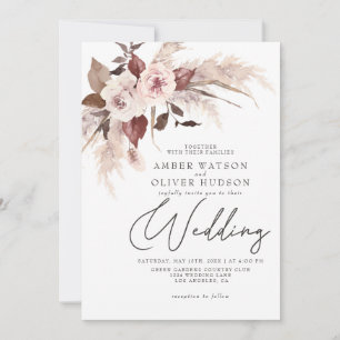 Boho Pampas Floral Watercolor Fall Winter Wedding Invitation