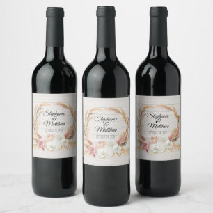 Boho Pampas Floral Watercolor Rustic Wood Wedding Wine Label
