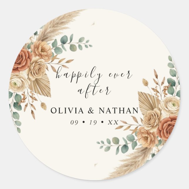 Boho Pampas Floral Wedding Classic Round Sticker (Front)
