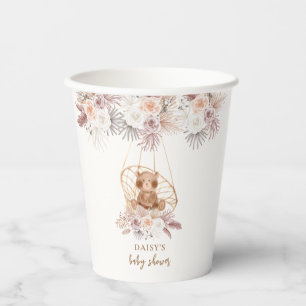 Boho Pampas Flower Teddy Bear Baby Shower Paper Cups
