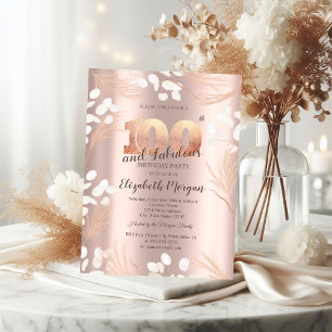 Boho Pampas Flowers Rose Gold 100th Birthday Invitation