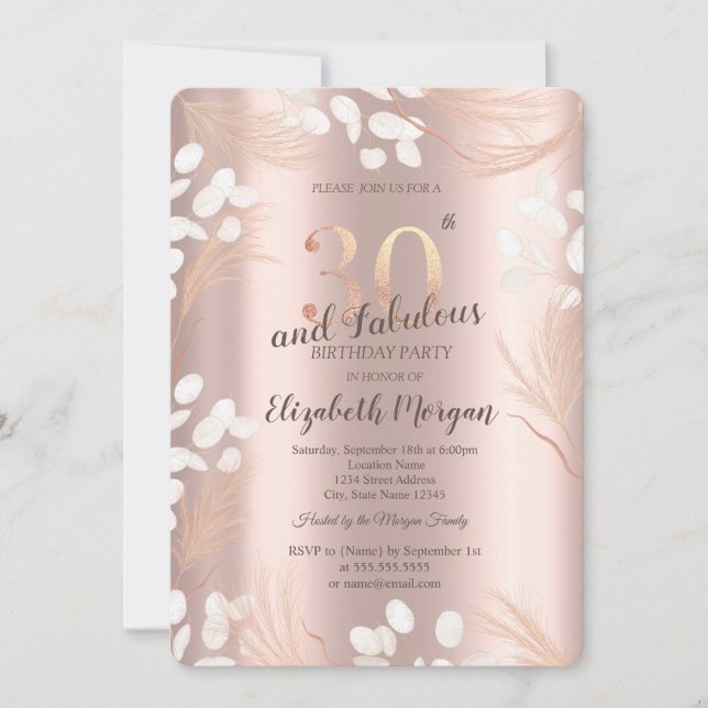 Boho Pampas Flowers Rose Gold 30th Birthday  Invitation (Front)
