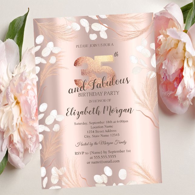 Boho Pampas Flowers Rose Gold 35th Birthday  Invitation (Creator Uploaded)