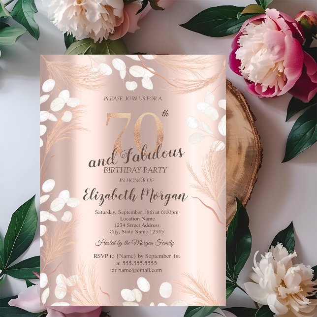 Boho Pampas Flowers Rose Gold 70th Birthday  Invitation (Creator Uploaded)